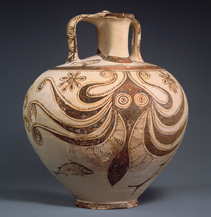 A pale coloured stirrup jar with a swirly brown painted octopus.
